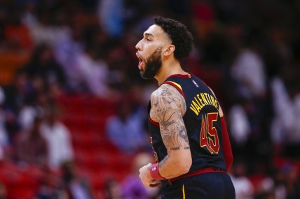 Dec 1, 2021; Miami, Florida, USA; Cleveland Cavaliers guard Denzel Valentine (45) reacts against the Miami Heat during the fourth quarter at FTX Arena. Mandatory Credit: Sam Navarro-USA TODAY Sports