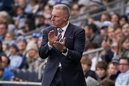 Nov 28, 2021; Kansas City, MO, USA; Sporting Kansas City head coach Peter Vermes  reacts to play against Real Salt Lake in the conference semifinals of the 2021 MLS playoffs at Children's Mercy Park. Mandatory Credit: Denny Medley-USA TODAY Sports