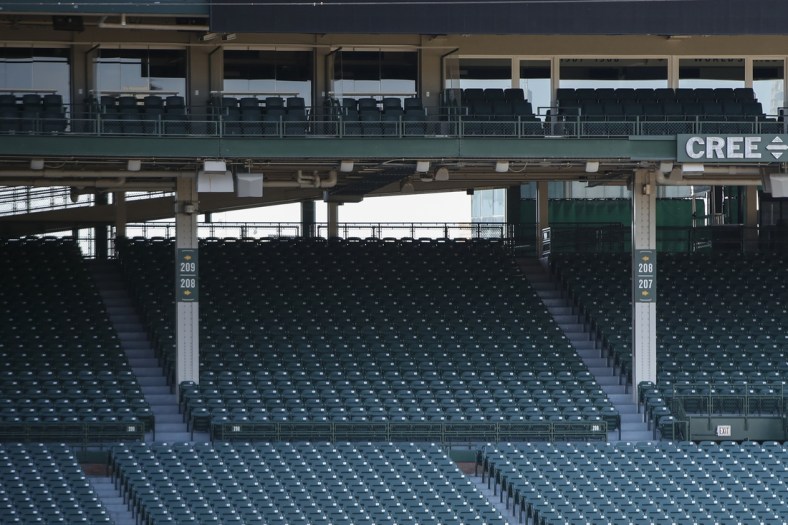Dec 2, 2021; Chicago, IL, USA; Empty seats are seen on the first day of Major League Baseball lockout at Wrigley Field. Mandatory Credit: Kamil Krzaczynski-USA TODAY Sports