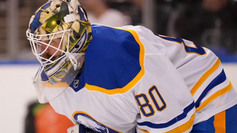 Dec 2, 2021; Sunrise, Florida, USA; Buffalo Sabres goaltender Aaron Dell (80) guards the net against the Florida Panthers during the second period at FLA Live Arena. Mandatory Credit: Jasen Vinlove-USA TODAY Sports