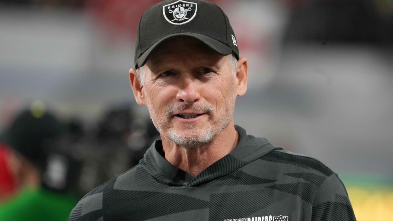 Dec 3, 2021; Las Vegas, NV, USA; Las Vegas Raiders general manager Mike Mayock reacts during the 2021 Pac-12 Championship Game at Allegiant Stadium. Mandatory Credit: Kirby Lee-USA TODAY Sports