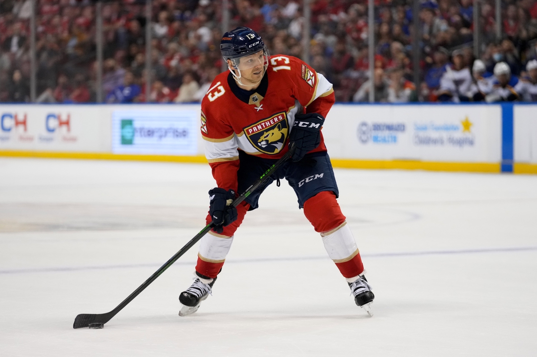 Dec 4, 2021; Sunrise, Florida, USA; Florida Panthers center Sam Reinhart (13) controls the puck against the St. Louis Blues during the second period at FLA Live Arena. Mandatory Credit: Jasen Vinlove-USA TODAY Sports