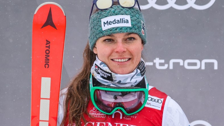 Dec 4, 2021; Lake Louise, Alberta, CAN; Breezy Johnson of the United States takes the podium during women's downhill race at the Lake Louise Audi FIS alpine skiing World Cup at Lake Louise. Mandatory Credit: Sergei Belski-USA TODAY Sports