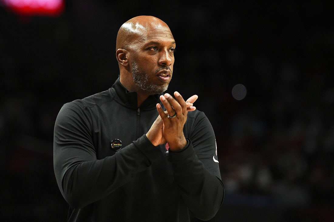 Dec 4, 2021; Portland, Oregon, USA; Portland Trail Blazers head coach Chauncey Billups reacts during the second half against the Boston Celtics at Moda Center. The Celtics won 145-117. Mandatory Credit: Troy Wayrynen-USA TODAY Sports