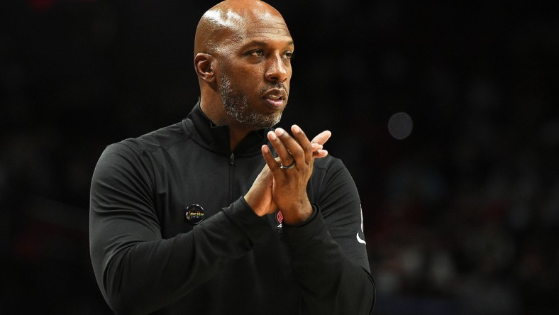 Dec 4, 2021; Portland, Oregon, USA; Portland Trail Blazers head coach Chauncey Billups reacts during the second half against the Boston Celtics at Moda Center. The Celtics won 145-117. Mandatory Credit: Troy Wayrynen-USA TODAY Sports