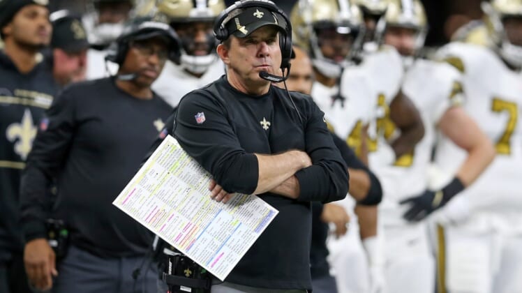 Nov 25, 2021; New Orleans, Louisiana, USA; New Orleans Saints head coach Sean Payton in the second half against the Buffalo Bills at the Caesars Superdome. Mandatory Credit: Chuck Cook-USA TODAY Sports