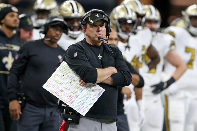 Nov 25, 2021; New Orleans, Louisiana, USA; New Orleans Saints head coach Sean Payton in the second half against the Buffalo Bills at the Caesars Superdome. Mandatory Credit: Chuck Cook-USA TODAY Sports