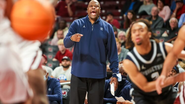 Dec 5, 2021; Columbia, South Carolina, USA; Georgetown Hoyas head coach Patrick Ewing yells from the sidelines against the South Carolina Gamecocks in the second half at Colonial Life Arena. Mandatory Credit: Jeff Blake-USA TODAY Sports