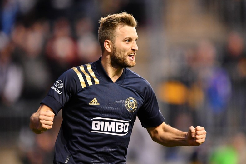 Dec 5, 2021; Chester, PA, USA; Philadelphia Union forward Kacper Przybylko (23) reacts after New York City FC defender Alexander Callens (not pictured) scored an own goal during the second half of the Eastern Conference Finals of the 2021 MLS Playoffs at Subaru Park. Mandatory Credit: Kyle Ross-USA TODAY Sports