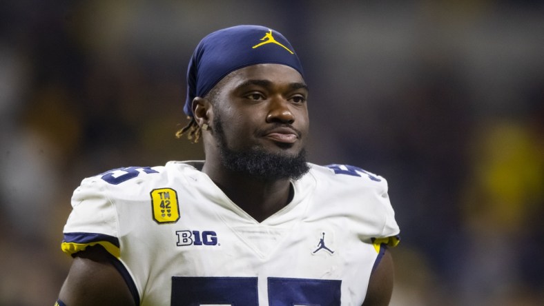 Dec 4, 2021; Indianapolis, IN, USA; Michigan Wolverines linebacker David Ojabo (55) against the Iowa Hawkeyes in the Big Ten Conference championship game at Lucas Oil Stadium. Mandatory Credit: Mark J. Rebilas-USA TODAY Sports