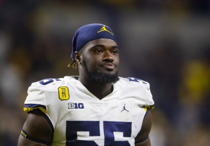 Dec 4, 2021; Indianapolis, IN, USA; Michigan Wolverines linebacker David Ojabo (55) against the Iowa Hawkeyes in the Big Ten Conference championship game at Lucas Oil Stadium. Mandatory Credit: Mark J. Rebilas-USA TODAY Sports