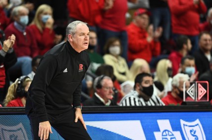 Dec 9, 2021; Piscataway, New Jersey, USA; Rutgers Scarlet Knights head coach Steve Pikiell looks on during a game against the Purdue Boilermakers in the first half at Jersey Mike's Arena. Mandatory Credit: Catalina Fragoso-USA TODAY Sports