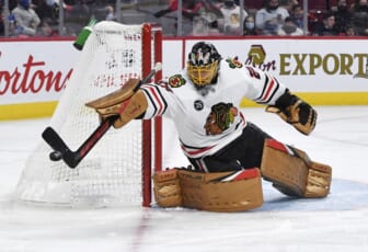 Dec 9, 2021; Montreal, Quebec, CAN; Chicago Blackhawks goalie Marc-Andre Fleury (29) makes a save and redirects the puck during the second period against the Montreal Canadiens at the Bell Centre. Mandatory Credit: Eric Bolte-USA TODAY Sports