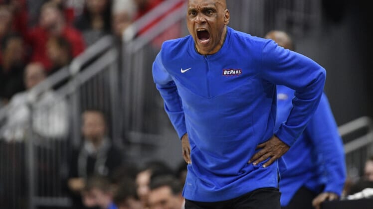 Dec 10, 2021; Louisville, Kentucky, USA;  DePaul Blue Demons head coach Tony Stubblefield reacts on the sideline during the first half against the Louisville Cardinals at KFC Yum! Center. Mandatory Credit: Jamie Rhodes-USA TODAY Sports