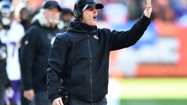 Dec 12, 2021; Cleveland, Ohio, USA; Baltimore Ravens head coach John Harbaugh argues a call during the second quarter against the Cleveland Browns at FirstEnergy Stadium. Mandatory Credit: Ken Blaze-USA TODAY Sports