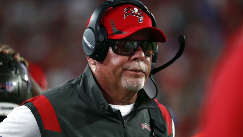 Dec 12, 2021; Tampa, Florida, USA; Tampa Bay Buccaneers head coach Bruce Arians against the Buffalo Bills during the first half at Raymond James Stadium. Mandatory Credit: Kim Klement-USA TODAY Sports