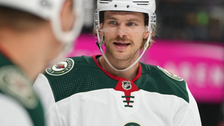Dec 12, 2021; Las Vegas, Nevada, USA; Minnesota Wild defenseman Jon Merrill (4) is pictured during the first period against the Vegas Golden Knights at T-Mobile Arena. Mandatory Credit: Stephen R. Sylvanie-USA TODAY Sports