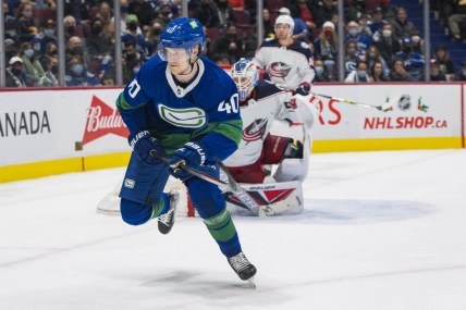Dec 14, 2021; Vancouver, British Columbia, CAN; Vancouver Canucks forward Elias Pettersson (40) skates against the Columbus Blue Jackets in the third period at Rogers Arena. Vancouver Won 4-3. Mandatory Credit: Bob Frid-USA TODAY Sports