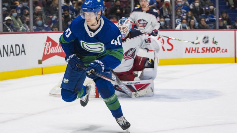 Dec 14, 2021; Vancouver, British Columbia, CAN; Vancouver Canucks forward Elias Pettersson (40) skates against the Columbus Blue Jackets in the third period at Rogers Arena. Vancouver Won 4-3. Mandatory Credit: Bob Frid-USA TODAY Sports