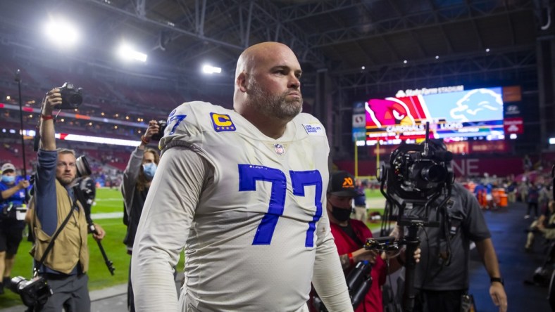 Dec 13, 2021; Glendale, Arizona, USA; Los Angeles Rams offensive tackle Andrew Whitworth (77) against the Arizona Cardinals at State Farm Stadium. Mandatory Credit: Mark J. Rebilas-USA TODAY Sports