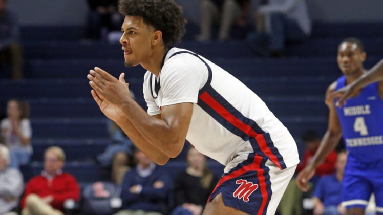 Dec 15, 2021; Oxford, Mississippi, USA; Mississippi Rebels forward Jaemyn Brakefield (4) reacts during the second half against the Middle Tennessee Blue Raiders at The Sandy and John Black Pavilion at Ole Miss. Mandatory Credit: Petre Thomas-USA TODAY Sports
