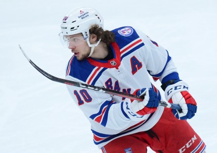 Dec 15, 2021; Glendale, Arizona, USA; New York Rangers left wing Artemi Panarin (10) skates against the Arizona Coyotes during the first period at Gila River Arena. Mandatory Credit: Joe Camporeale-USA TODAY Sports