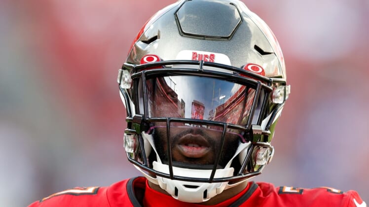 Dec 12, 2021; Tampa, Florida, USA;  Tampa Bay Buccaneers running back Leonard Fournette (7) looks on prior to a game against the Buffalo Bills at Raymond James Stadium. Mandatory Credit: Nathan Ray Seebeck-USA TODAY Sports