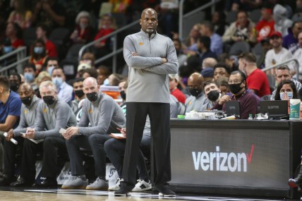 Dec 17, 2021; Atlanta, Georgia, USA; Atlanta Hawks hawks head coach Nate McMillan on the sideline against the Denver Nuggets in the second half at State Farm Arena. Mandatory Credit: Brett Davis-USA TODAY Sports