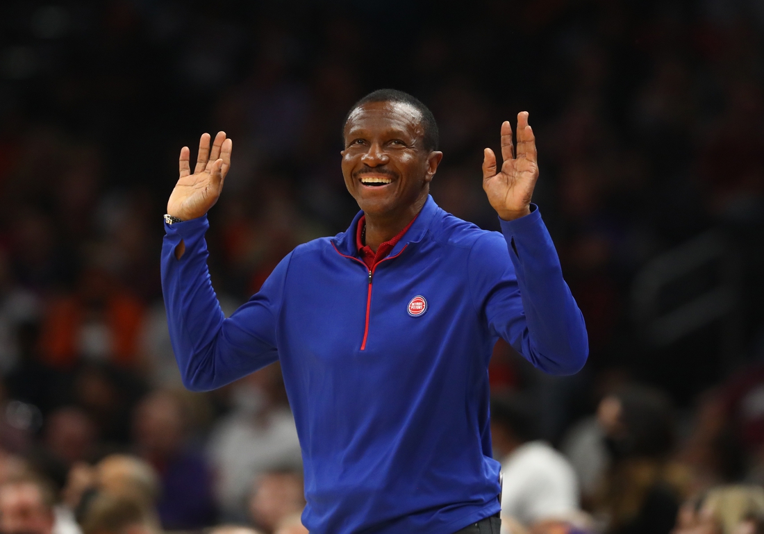 Dec 2, 2021; Phoenix, Arizona, USA; Detroit Pistons head coach Dwane Casey reacts against the Phoenix Suns at Footprint Center. Mandatory Credit: Mark J. Rebilas-USA TODAY Sports