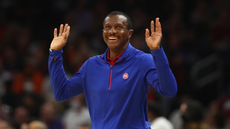 Dec 2, 2021; Phoenix, Arizona, USA; Detroit Pistons head coach Dwane Casey reacts against the Phoenix Suns at Footprint Center. Mandatory Credit: Mark J. Rebilas-USA TODAY Sports