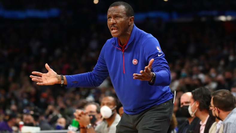 Dec 2, 2021; Phoenix, Arizona, USA; Detroit Pistons head coach Dwane Casey reacts against the Phoenix Suns at Footprint Center. Mandatory Credit: Mark J. Rebilas-USA TODAY Sports