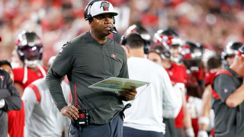 Dec 19, 2021; Tampa, Florida, USA; Tampa Bay Buccaneers offensive coordinator Byron Leftwich looks on in the second half against the New Orleans Saints at Raymond James Stadium. Mandatory Credit: Nathan Ray Seebeck-USA TODAY Sports