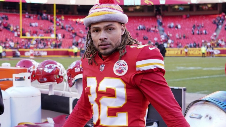 Dec 12, 2021; Kansas City, Missouri, USA; Kansas City Chiefs free safety Tyrann Mathieu (32) leaves the field after the win over the Las Vegas Raiders at GEHA Field at Arrowhead Stadium. Mandatory Credit: Denny Medley-USA TODAY Sports