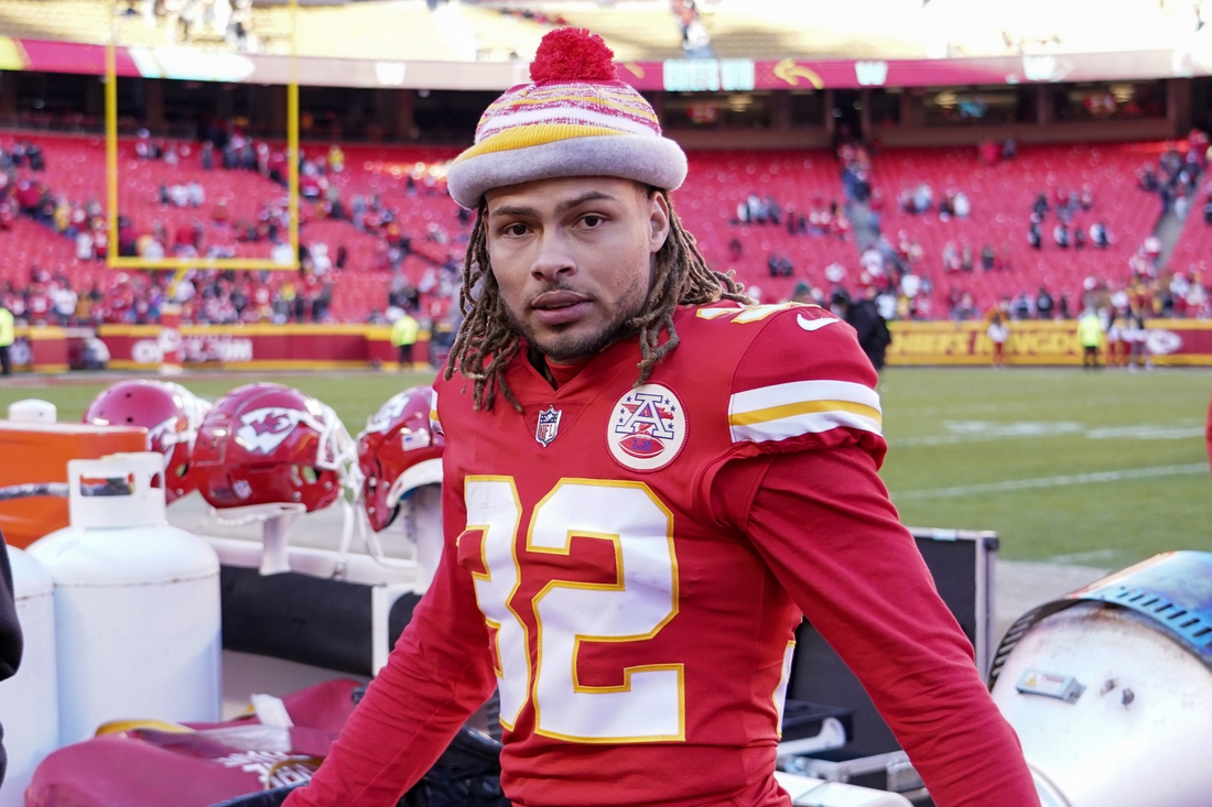 Dec 12, 2021; Kansas City, Missouri, USA; Kansas City Chiefs free safety Tyrann Mathieu (32) leaves the field after the win over the Las Vegas Raiders at GEHA Field at Arrowhead Stadium. Mandatory Credit: Denny Medley-USA TODAY Sports