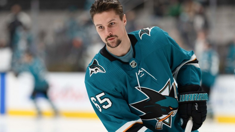 Dec 14, 2021; San Jose, California, USA;  San Jose Sharks defenseman Erik Karlsson (65) warms up before the game against the Seattle Kraken at SAP Center at San Jose. Mandatory Credit: Stan Szeto-USA TODAY Sports