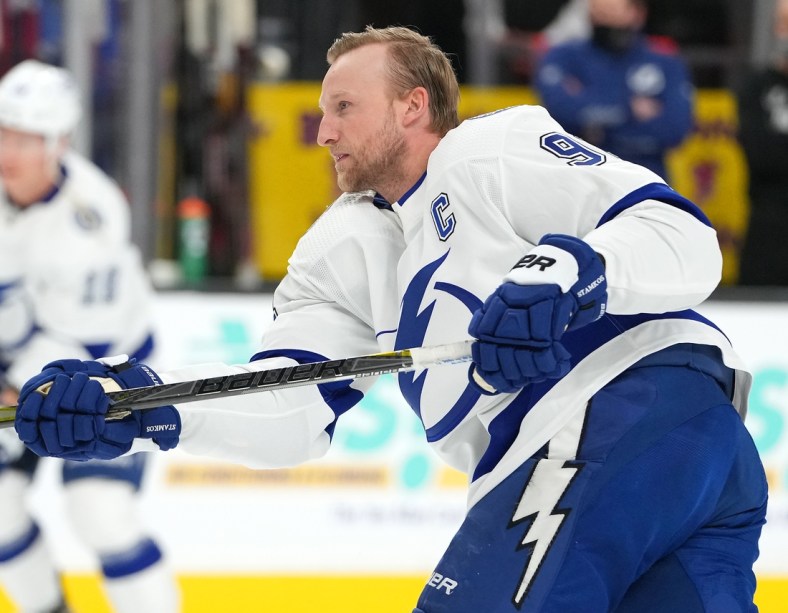 Dec 21, 2021; Las Vegas, Nevada, USA; Tampa Bay Lightning center Steven Stamkos (91) warms up before the start of a game against the Vegas Golden Knights at T-Mobile Arena. Mandatory Credit: Stephen R. Sylvanie-USA TODAY Sports
