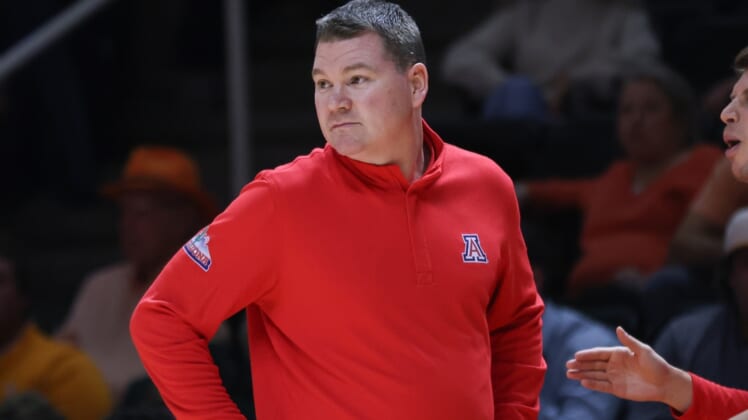 Dec 22, 2021; Knoxville, Tennessee, USA; Arizona Wildcats head coach Tommy Lloyd during the first half against the Tennessee Volunteers at Thompson-Boling Arena. Mandatory Credit: Randy Sartin-USA TODAY Sports