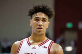 Dec 22, 2021; Bloomington, Indiana, USA; Indiana Hoosiers forward Trayce Jackson-Davis (23) in the first half against the Northern Kentucky Norse at Simon Skjodt Assembly Hall. Mandatory Credit: Trevor Ruszkowski-USA TODAY Sports