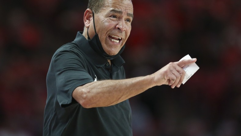 Dec 22, 2021; Houston, Texas, USA; Houston Cougars head coach Kelvin Sampson reacts during the second half against the Texas State Bobcats at Fertitta Center. Mandatory Credit: Troy Taormina-USA TODAY Sports