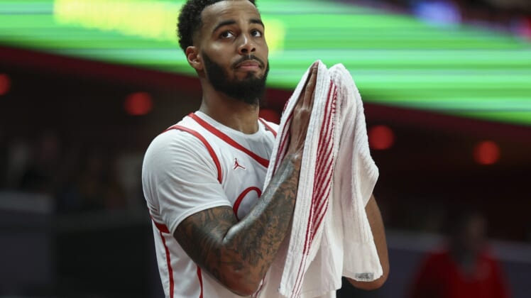 Dec 22, 2021; Houston, Texas, USA; Houston Cougars guard Kyler Edwards (11) reacts during the second half against the Texas State Bobcats at Fertitta Center. Mandatory Credit: Troy Taormina-USA TODAY Sports