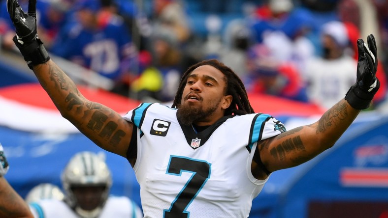 Dec 19, 2021; Orchard Park, New York, USA; Carolina Panthers outside linebacker Shaq Thompson (7) gestures to the crowd prior to the game against the Buffalo Bills at Highmark Stadium. Mandatory Credit: Rich Barnes-USA TODAY Sports