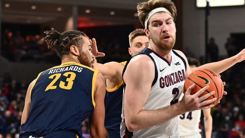 Dec 20, 2021; Spokane, Washington, USA; Gonzaga Bulldogs forward Drew Timme (2) shoots the ball against Northern Arizona Lumberjacks center Ezekiel Richards (23) in the second half at McCarthey Athletic Center. Bulldogs won 95-49. Mandatory Credit: James Snook-USA TODAY Sports