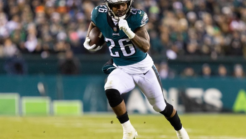 Dec 21, 2021; Philadelphia, Pennsylvania, USA; Philadelphia Eagles running back Miles Sanders (26) in action against the Washington Football Team at Lincoln Financial Field. Mandatory Credit: Bill Streicher-USA TODAY Sports