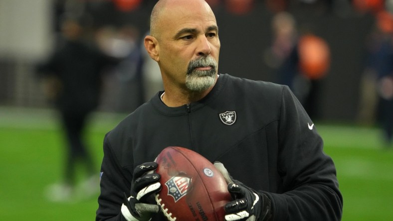 Dec 26, 2021; Paradise, Nevada, USA; Las Vegas Raiders interim coach Rich Bisaccia reacts during the game against the Denver Broncos Allegiant Stadium. Mandatory Credit: Kirby Lee-USA TODAY Sports