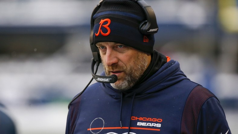 Dec 26, 2021; Seattle, Washington, USA; Chicago Bears head coach Matt Nagy stands on the sideline during the second quarter at Lumen Field. Mandatory Credit: Joe Nicholson-USA TODAY Sports