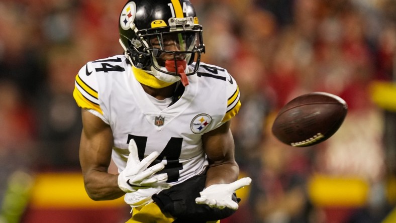 Dec 26, 2021; Kansas City, Missouri, USA; Pittsburgh Steelers wide receiver Ray-Ray McCloud (14) catches a pass against the Kansas City Chiefs during the second half at GEHA Field at Arrowhead Stadium. Mandatory Credit: Jay Biggerstaff-USA TODAY Sports