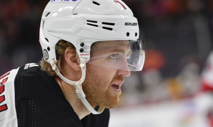 Dec 14, 2021; Philadelphia, Pennsylvania, USA; New Jersey Devils defenseman Dougie Hamilton (7) against the Philadelphia Flyers at Wells Fargo Center. Mandatory Credit: Eric Hartline-USA TODAY Sports