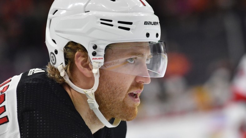 Dec 14, 2021; Philadelphia, Pennsylvania, USA; New Jersey Devils defenseman Dougie Hamilton (7) against the Philadelphia Flyers at Wells Fargo Center. Mandatory Credit: Eric Hartline-USA TODAY Sports