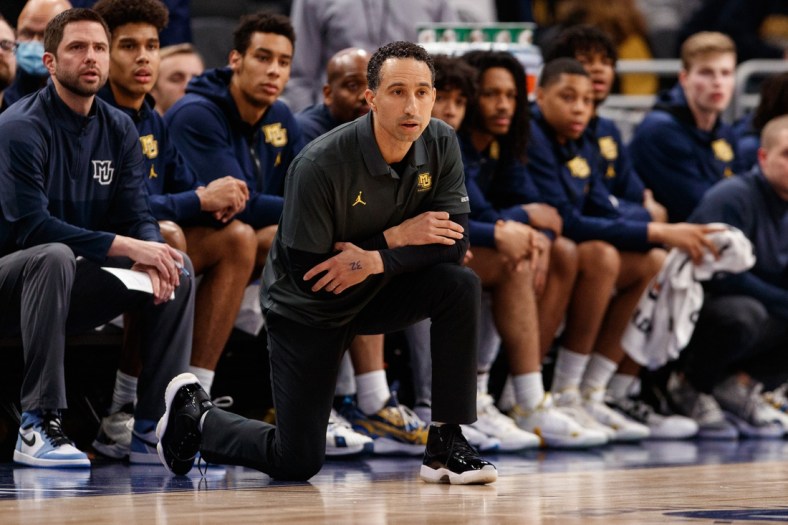 Dec 21, 2021; Milwaukee, Wisconsin, USA;  Marquette Golden Eagles head coach Shaka Smart during the game against the Connecticut Huskies at Fiserv Forum. Mandatory Credit: Jeff Hanisch-USA TODAY Sports