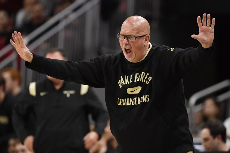 Dec 29, 2021; Louisville, Kentucky, USA;  Wake Forest Demon Deacons head coach Steve Forbes reacts during the second half against the Louisville Cardinals at KFC Yum! Center. Louisville defeated Wake Forest 73-69. Mandatory Credit: Jamie Rhodes-USA TODAY Sports